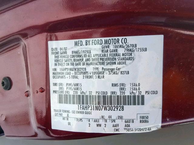 1FAHP31N07W302928 - 2007 FORD FOCUS ZX3 RED photo 10