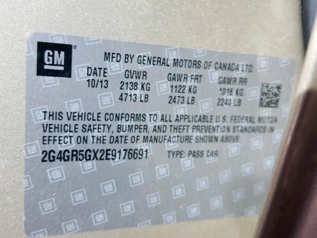 2G4GR5GX2E9176691 - 2014 BUICK REGAL PREM GOLD photo 10