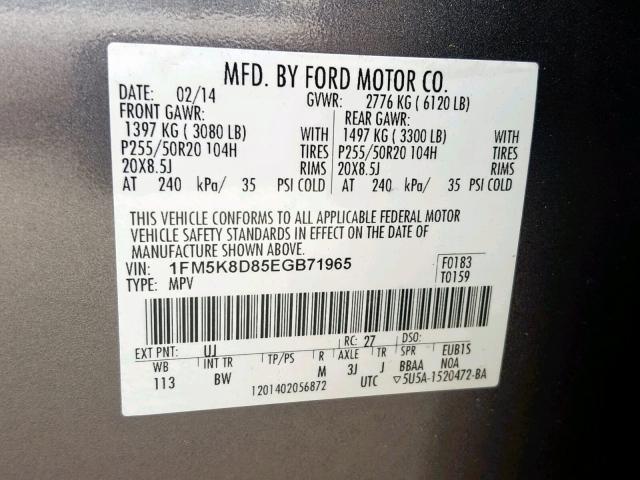 1FM5K8D85EGB71965 - 2014 FORD EXPLORER X GRAY photo 10