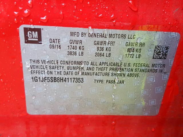 1G1JF5SB8H4117353 - 2017 CHEVROLET SONIC PREM RED photo 10