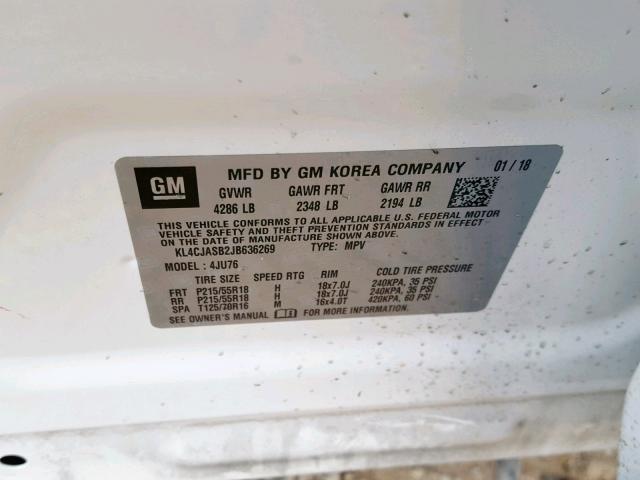 KL4CJASB2JB636269 - 2018 BUICK ENCORE PRE WHITE photo 10