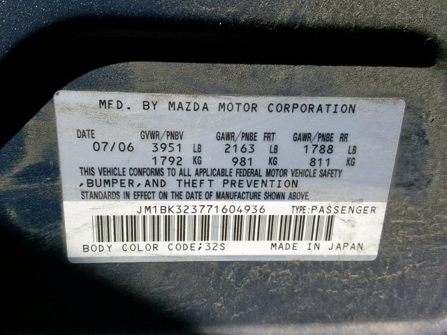 JM1BK323771604936 - 2007 MAZDA 3 S GRAY photo 10