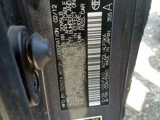 JTKJF5C74C3039517 - 2012 TOYOTA SCION TC ვერცხლისფერი ფოტო 10