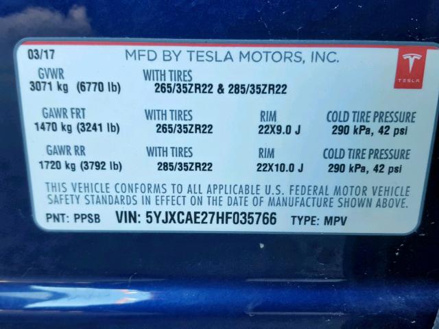 5YJXCAE27HF035766 - 2017 TESLA MODEL X BLUE photo 10