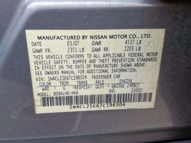 1N4CL21E67C196504 - 2007 NISSAN ALTIMA HYB GRAY photo 10