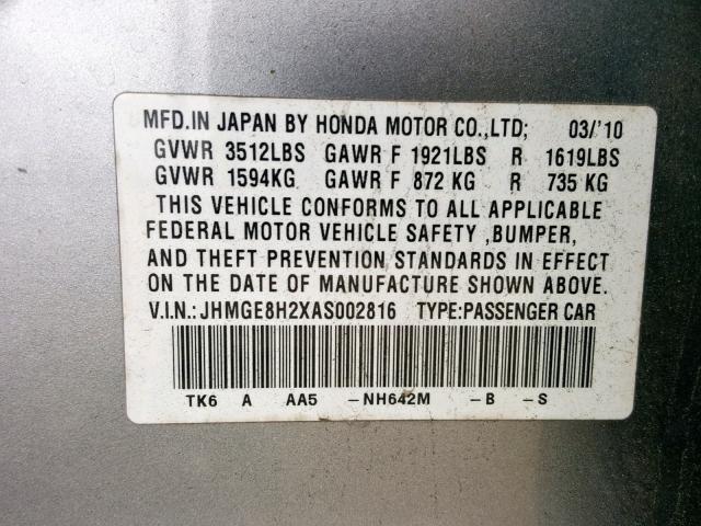 JHMGE8H2XAS002816 - 2010 HONDA FIT GRAY photo 10