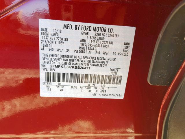 2FMPK3J97KBB26411 - 2019 FORD EDGE SEL RED photo 10