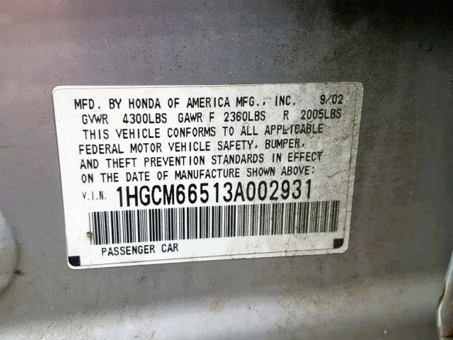 1HGCM66513A002931 - 2003 HONDA ACCORD EX SILVER photo 10