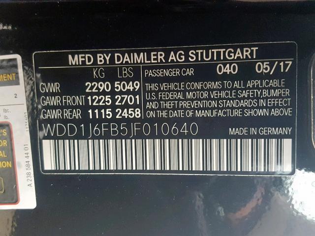 WDD1J6FB5JF010640 - 2018 MERCEDES-BENZ E 400 BLACK photo 10