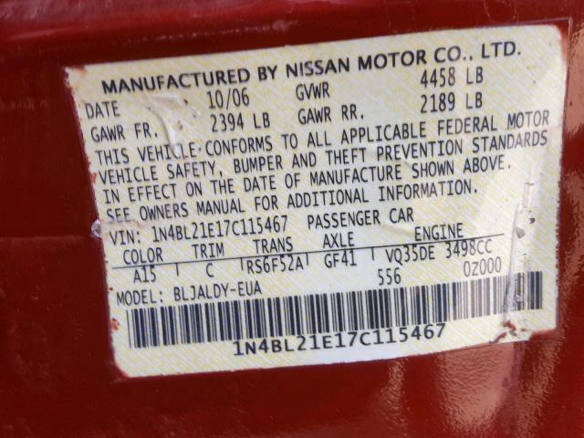 1N4BL21E17C115467 - 2007 NISSAN ALTIMA 3.5 MAROON photo 10