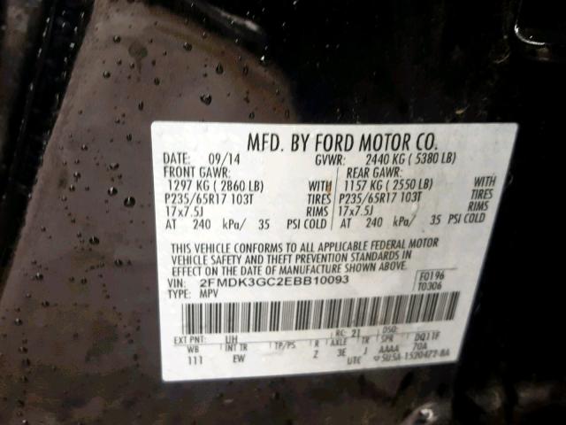 2FMDK3GC2EBB10093 - 2014 FORD EDGE SE BLACK photo 10