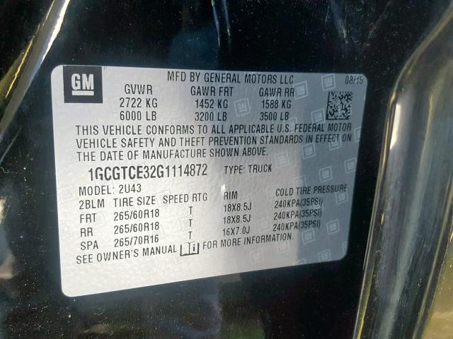 1GCGTCE32G1114872 - 2016 CHEVROLET COLORADO L BLACK photo 10