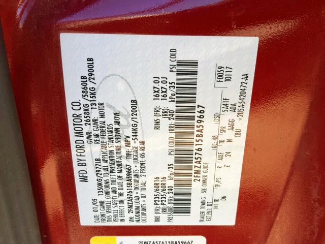 2FMZA57615BA59667 - 2005 FORD FREESTAR S RED photo 10