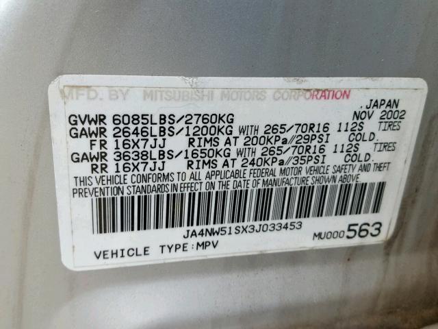 JA4NW51SX3J033453 - 2003 MITSUBISHI MONTERO LI GRAY photo 10