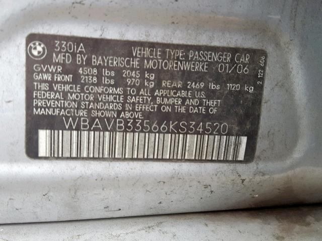 WBAVB33566KS34520 - 2006 BMW 330 I GRAY photo 10