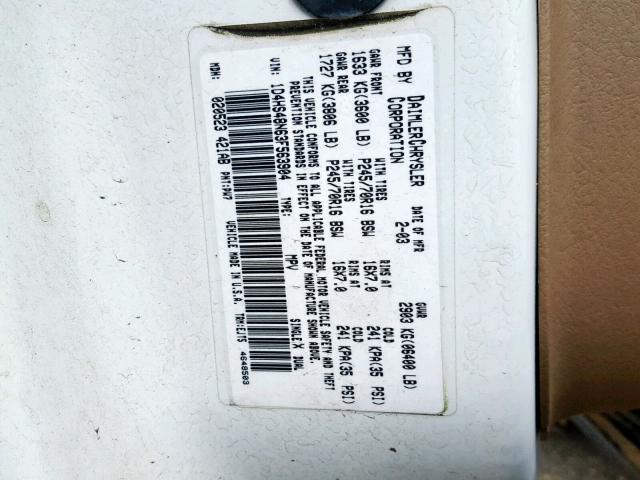 1D4HS48N63F563904 - 2003 DODGE DURANGO SL WHITE photo 10