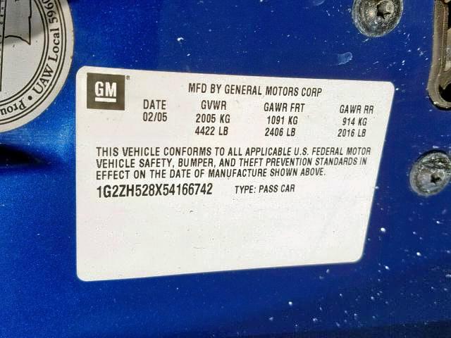 1G2ZH528X54166742 - 2005 PONTIAC G6 GT BLUE photo 10