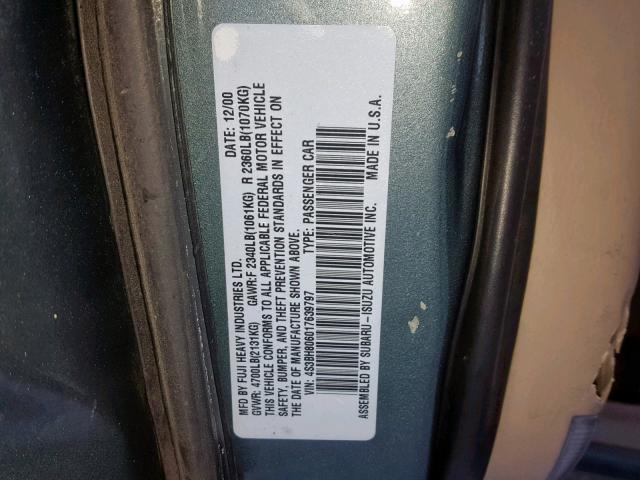 4S3BH806017639797 - 2001 SUBARU LEGACY OUT GREEN photo 10