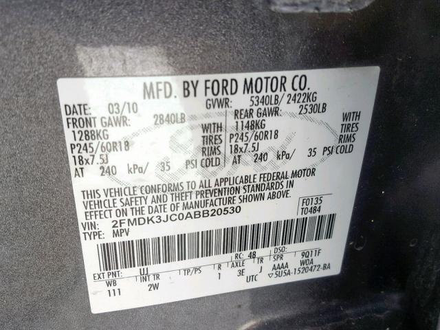 2FMDK3JC0ABB20530 - 2010 FORD EDGE SEL GRAY photo 10