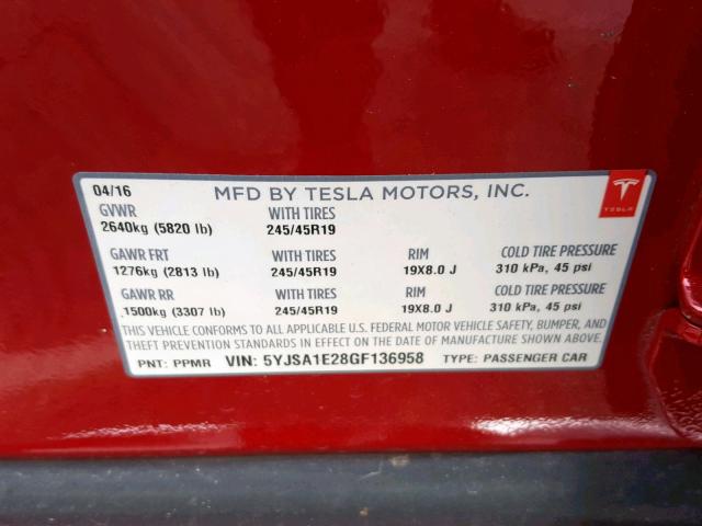 5YJSA1E28GF136958 - 2016 TESLA MODEL S RED photo 10