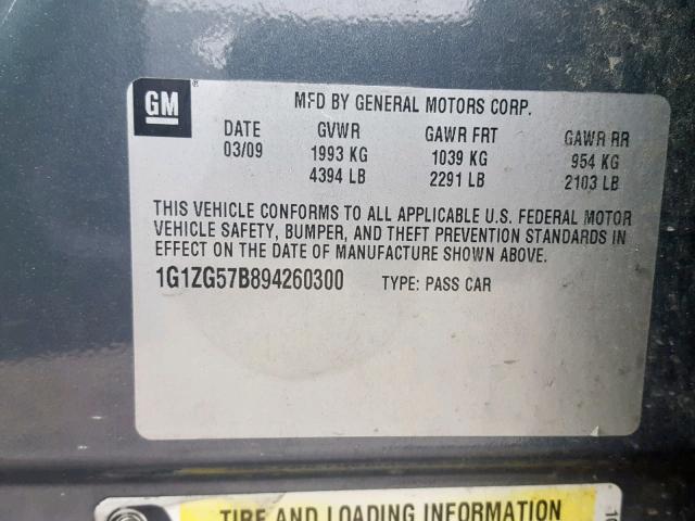 1G1ZG57B894260300 - 2009 CHEVROLET MALIBU LS GRAY photo 10