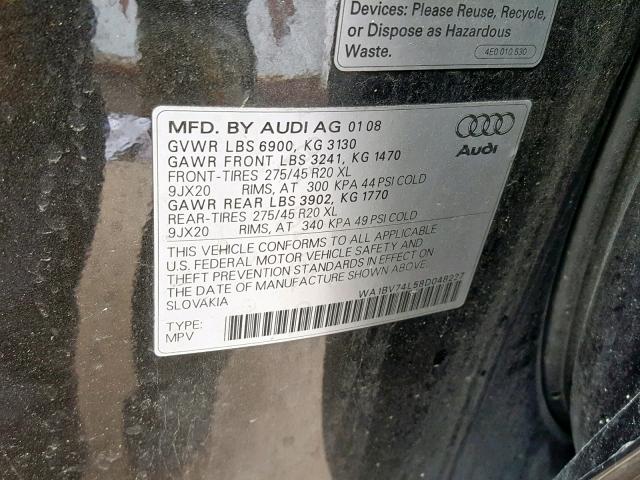 WA1BV74L58D048227 - 2008 AUDI Q7 4.2 QUA BLACK photo 10