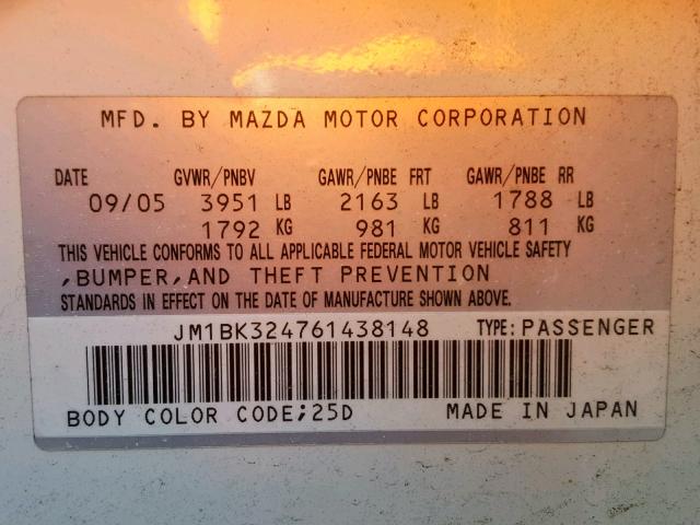 JM1BK324761438148 - 2006 MAZDA 3 S WHITE photo 10