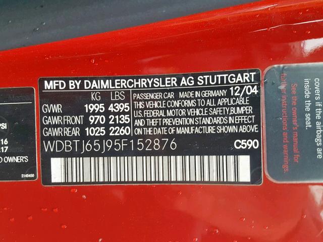 WDBTJ65J95F152876 - 2005 MERCEDES-BENZ CLK 320C RED photo 10