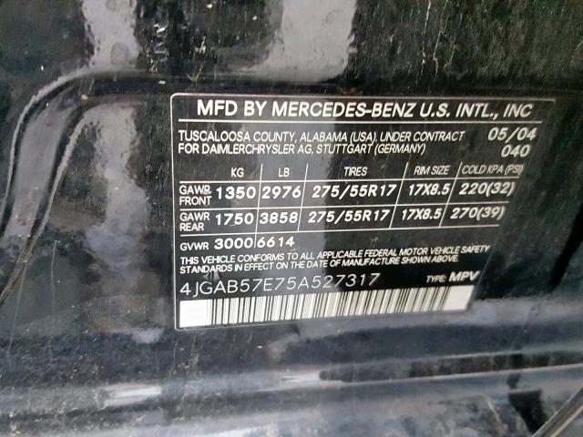 4JGAB57E75A527317 - 2005 MERCEDES-BENZ ML 350 BLACK photo 10