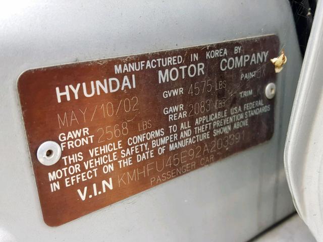 KMHFU45E92A203391 - 2002 HYUNDAI XG 350 SILVER photo 10