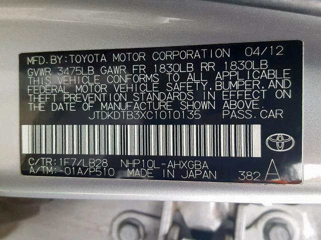 JTDKDTB3XC1010135 - 2012 TOYOTA PRIUS C SILVER photo 10