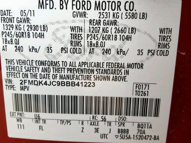 2FMDK4JC9BBB41223 - 2011 FORD EDGE SEL RED photo 10