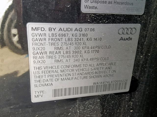 WA1AV74L67D033228 - 2007 AUDI Q7 4.2 QUA BLACK photo 10