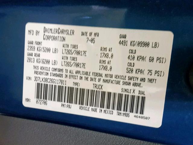 3D7LX38C26G117811 - 2006 DODGE RAM 3500 S BLUE photo 10