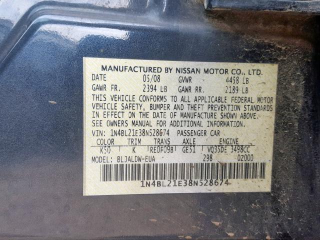 1N4BL21E38N528674 - 2008 NISSAN ALTIMA 3.5 CHARCOAL photo 10