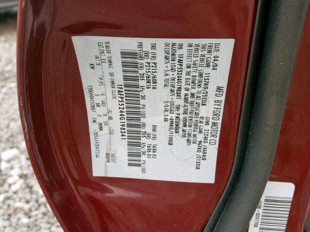 1FAFP55244G198341 - 2004 FORD TAURUS SES RED photo 10