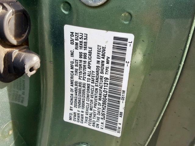 5J6YH28604L011319 - 2004 HONDA ELEMENT EX GREEN photo 10