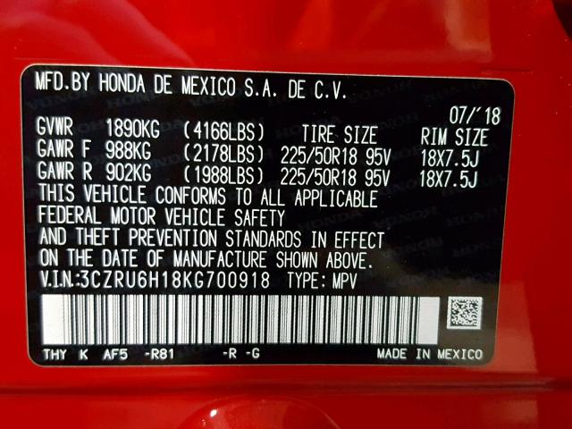 3CZRU6H18KG700918 - 2019 HONDA HR-V SPORT RED photo 10