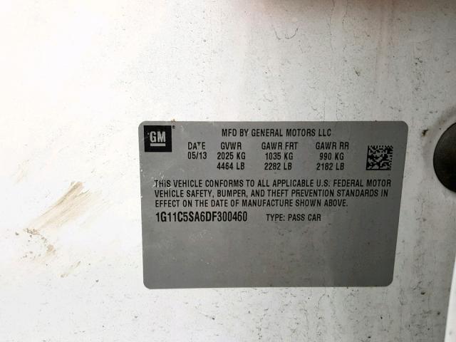 1G11C5SA6DF300460 - 2013 CHEVROLET MALIBU 1LT 白色 照片 10