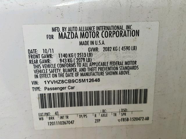 1YVHZ8CB9C5M12648 - 2012 MAZDA 6 S WHITE photo 10