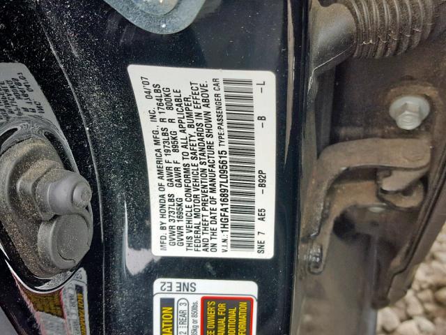 1HGFA16897L095615 - 2007 HONDA CIVIC EX BLACK photo 10