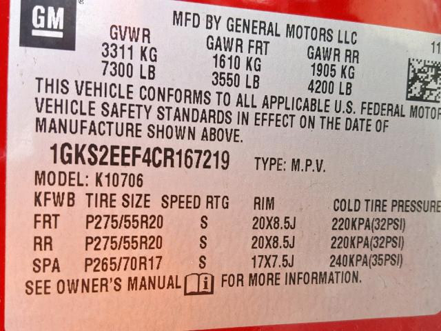 1GKS2EEF4CR167219 - 2012 GMC YUKON DENA MAROON photo 10