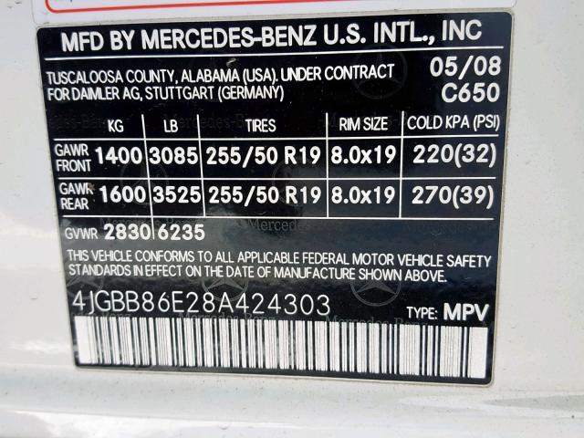 4JGBB86E28A424303 - 2008 MERCEDES-BENZ ML 350 WHITE photo 10