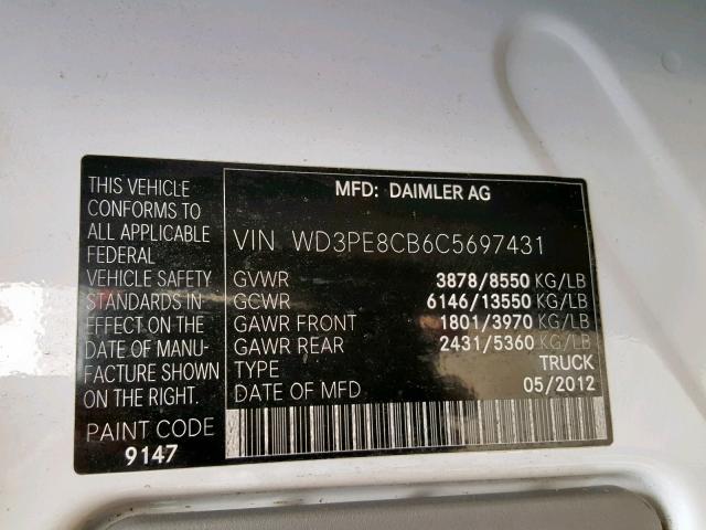 WD3PE8CB6C5697431 - 2012 MERCEDES-BENZ SPRINTER WHITE photo 10