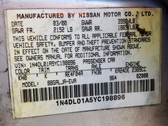 1N4DL01A5YC198896 - 2000 NISSAN ALTIMA XE SILVER photo 10