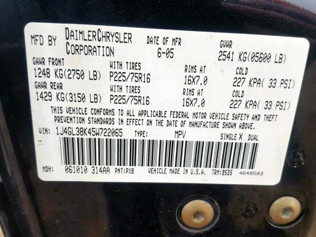 1J4GL38K45W722065 - 2005 JEEP LIBERTY RE BLACK photo 10