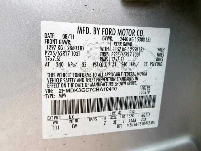 2FMDK3GC7CBA10410 - 2012 FORD EDGE SE SILVER photo 10