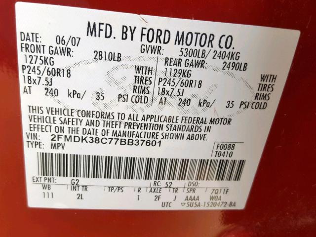 2FMDK38C77BB37601 - 2007 FORD EDGE SEL RED photo 10