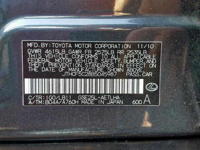 JTHCF5C28B5045987 - 2011 LEXUS IS 250 BLACK photo 10