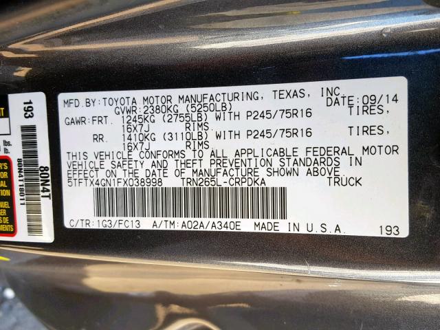 5TFTX4GN1FX038998 - 2015 TOYOTA TACOMA PRE GRAY photo 10